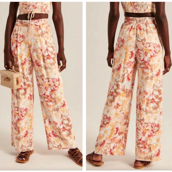 Abercrombie & Fitch Pants - ABERCROMBIE & FITCH Linen Blend Wide Leg Pull On Pant Orange Red Floral {U46}